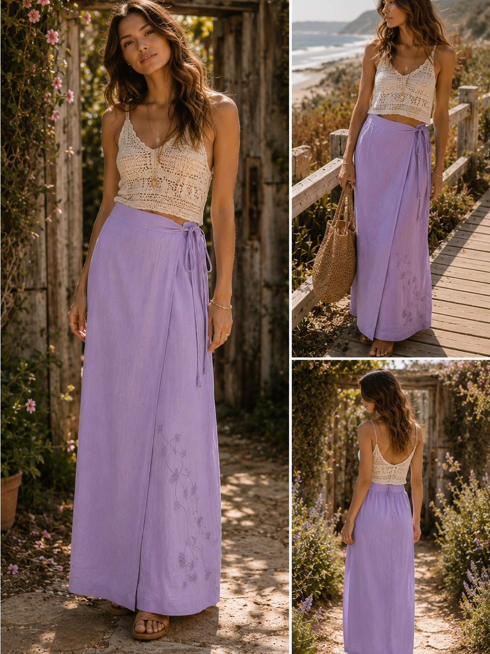 Lavender Linen Blend Maxi Skirt Boho Wrap Style Coastal Cottagecore Skirt
